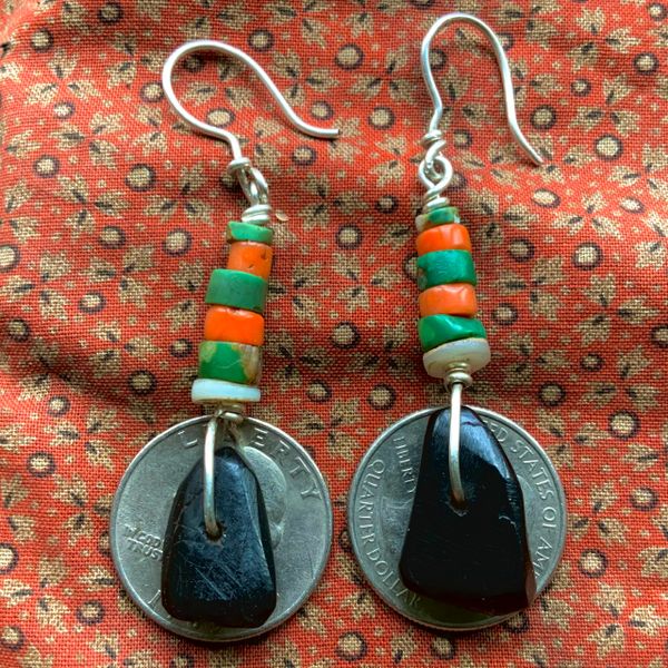 SOLD 1920s JET,CORAL, CLAM SHELL, CERILLOS GREEN TURQUOISE HEISHI BEADS & SILVER WIRE EARRINGS