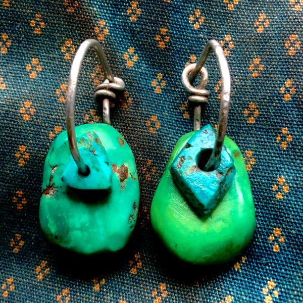 SOLD 1920s GREEN A& BLUE TAB EAR BOB EARRINGS SET ON SILVER WIRE