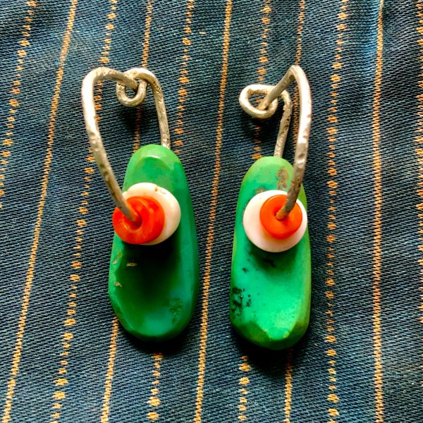 SOLD 1920s GREEN TURQUOISE TABS EAR BOBS EARRINGS WITH CLAM SHEL & CORAL ACCENT BEADS ON HAND WROUGHT SILVER WIRE