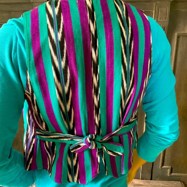 1990s VINTAGE COTTON HUIPIL FABRIC PURPLE, TEA & BLACK STRIPED VEST WAIST COAT FROM GUTEMALA CHIMAYO STYLE