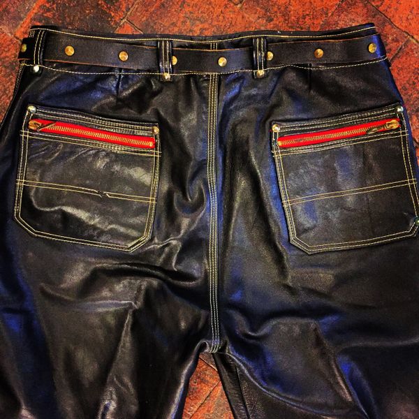 SOLD 1950s GERMAN BLACK LEATHER RIVETED TRIPLE STITCHED COTTON LINED BIKER  PANTS