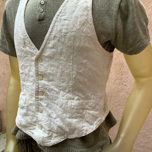 WOMENS EMBROIDERED GILLET BROCADE LINEN COTTON CREAM VEST WAISTCOAT XS 36"