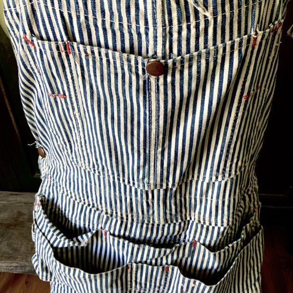 SOLD 1940s RAILROAD ENGINEER STRIPE INDIGO DENIM PAINTER POUCH OVERALLS COVERALLS