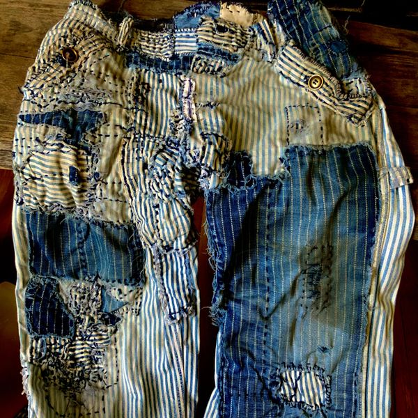 VINTAGE RAILROAD RAILMAN STRIPE AND STIFEL STRIPE WABASH DENIM SHASHIKO BORO JEANS PANTS LOW RISE