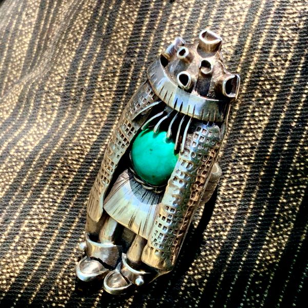 RARE NETTIE LUJAN KATSINA KACHINA SILVER TURQUOISE DANCING PREGNANT MUDHEAD CLOWN RING SIGNED