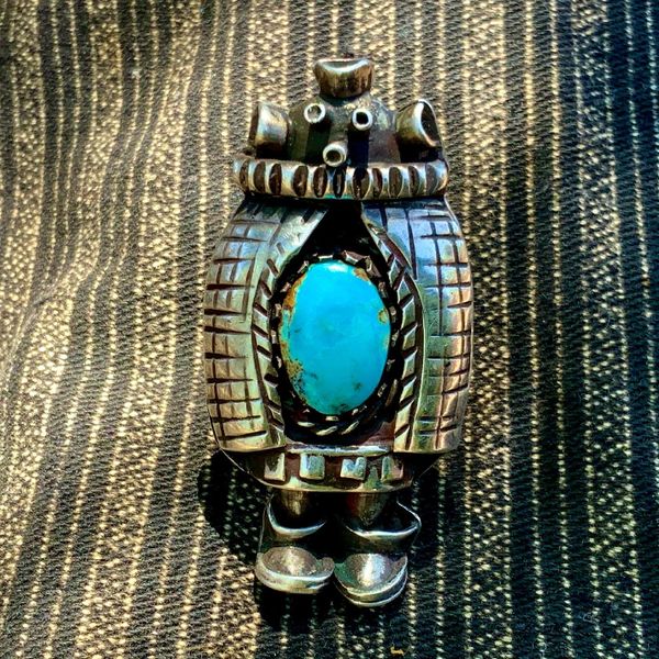 RARE NETTIE LUJAN KATSINA KACHINA SILVER TURQUOISE DANCING PREGNANT MUDHEAD CLOWN RING UNSIGNED