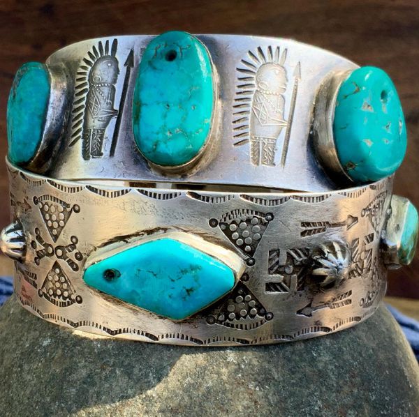 SOLD 1900s EVIL EYE, BUTTERFLY, WHIRLING LOG, ARROW, PEYOTE BUTTON REPOUSSE', INGOT SILVER BLUE & GREEN TURQUOISE LARGE BANGLE BRACELET