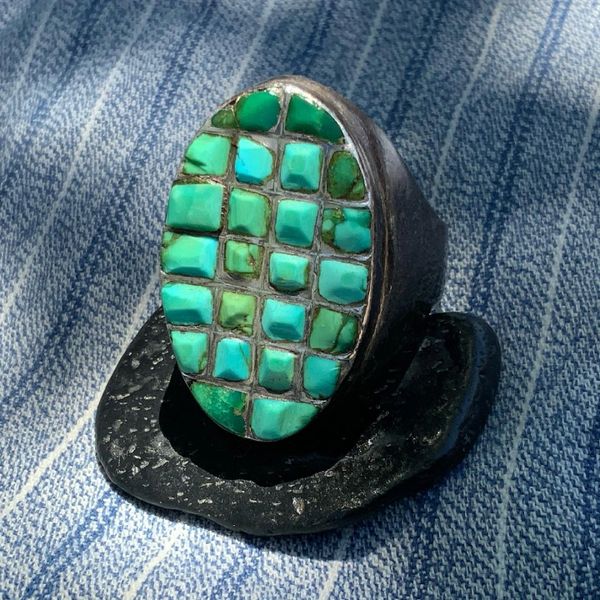 SOLD 1940s HUGE HEAVY BIG LARGE MENS GREEN ZUNI OVAL CAST SILVER RING