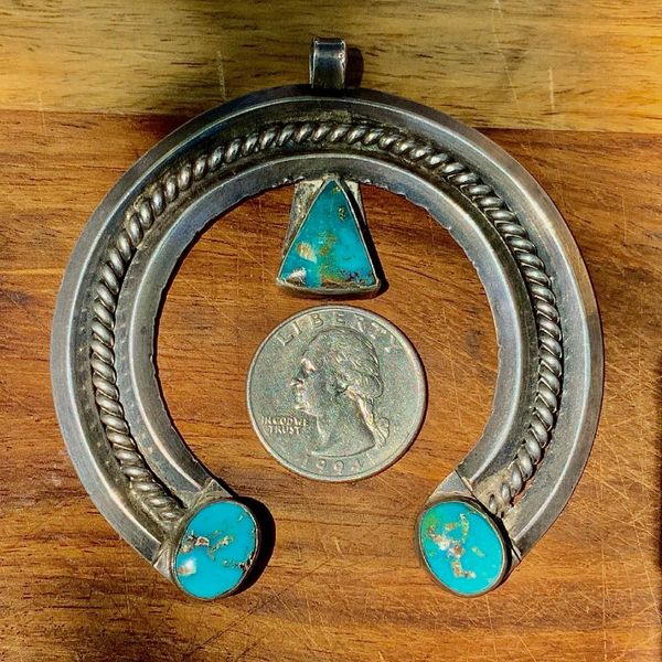 1930s BIG LARGE HUGE SILVER NAJA PENDANT WITH VIVID BLUE TURQUOISE STONES FROM A SQUASH BLOSSOM NECKLACE
