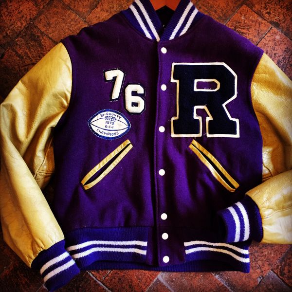 SOLD 1976 PURPLE WOOL & PALE MUSTARD LEATHER VARSITY LETTERMAN JACKET