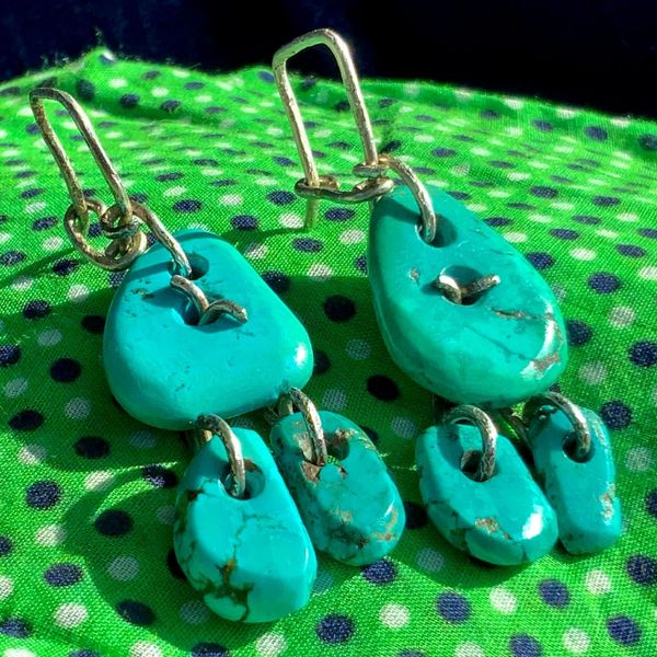 1800s BLUE TURQUOISE TABS & PURE 99.9 SILVER HAND WROUGHT INGOT WIRE EARRINGS IN THE LATE 1800s - EARLY 1900s ZUNI STYLE OF RAIN CLOUDS & RAIN DROPS CHANDELIER EARRINGS