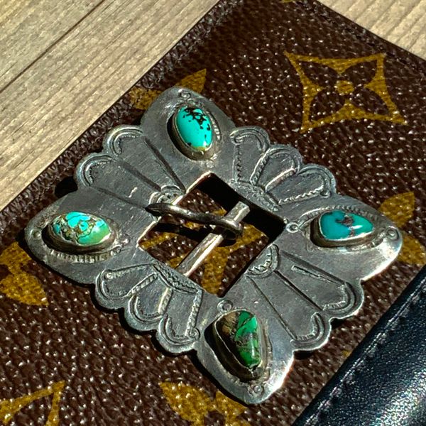 SOLD 1910s or 1920s INGOT SILVER REPOUSSE HAT BAND BUCKLE WITH WITH GREEN & BLUE TURQUOISE