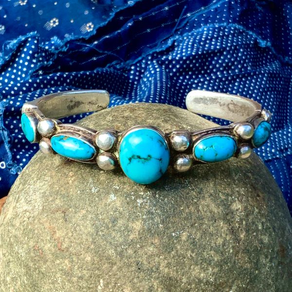 SOLD 1920s DOMED BLUE OVAL PERSIAN SLIM STAMPED NAVAJO CUFF BRACELET