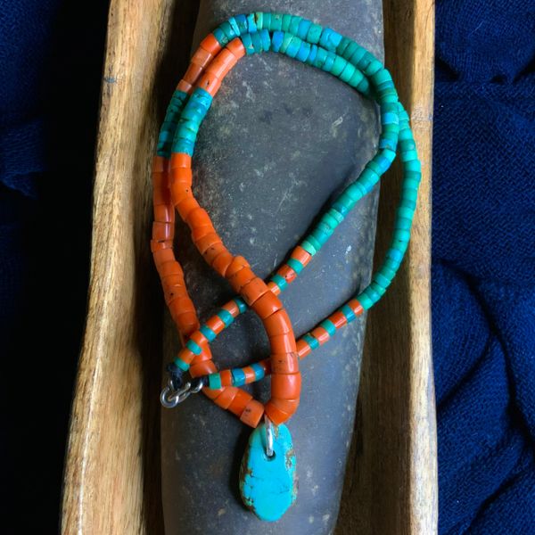 1930s "GREASY" GREEN & BLUE TURQUOISE HEISHI BEADS WITH NATURAL ANTIQUE CORAL BEADS & PALE BLUE ANTIQUE RAINDROP TURQUOISE TAB PENDANT ON HAND-WROUGHT PURE SILVER INGOT