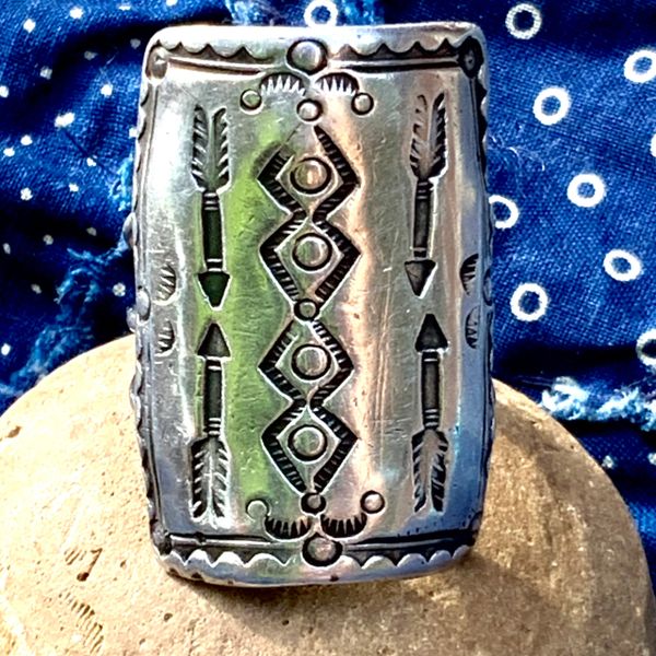 SOLD 1910s CONCHO SHIELD INGOT SILVER FRED HAVERY ARROW RUG NAVAJO PATTERN STAMPED HUGE LONG BIG MENS RING