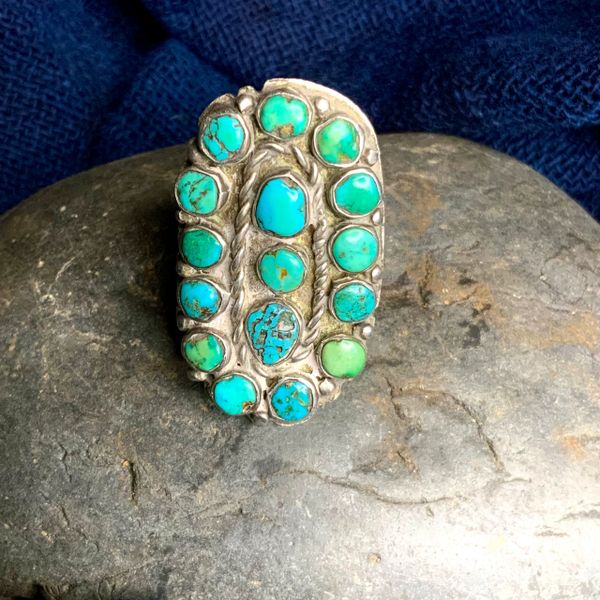 SOLD 1930s INGOT SILVER ZUNI CLUSTER BLUE TURQUOISE FINGER LONG BIG RING