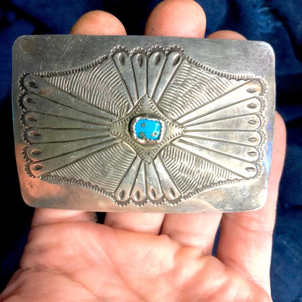 SOLD 1920s STERLING SILVER STAMPED BELT BUCKLE FROM AN OLD CONCHO BELT WITH BLUE TURQUOISE