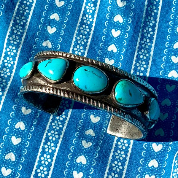 SOLD 1930s INGOT CARVED & CHISELED INGOT SILVER REVIVAL OF 1880s STYLE WITH 1930s RENAISSANCE ROW CUFF EMBELLISHMENTS OF 7 BLUE RAINDROP SHAPED BLUE TURQUOISE STONES