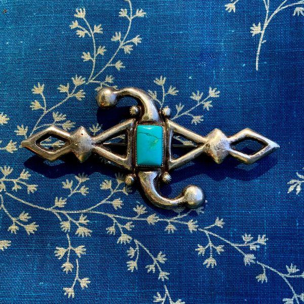 SOLD 1930s SANDCAST MANTA BROOCH PIN WITH RECTANGLE PALE BLUE TURQUOISE STONE