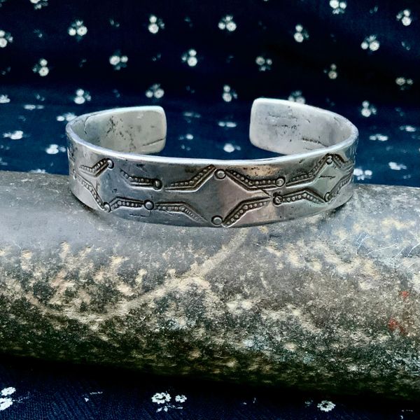 1880s - 1890s LARGE WRIST SIMPLE STAMPED INGOT SILVER CUFF BRACELET