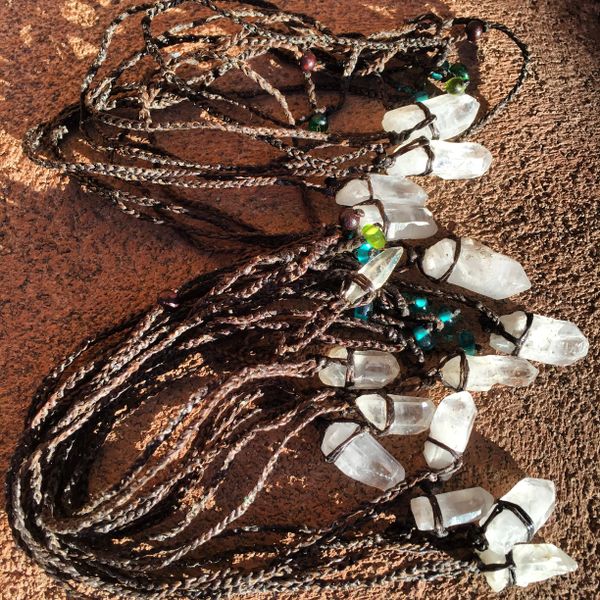LARGE NEPAL MADE INDIGENOUS QUARTZ CRYSTAL ON WAXED LINEN TWINE WITH GLASS BEAD NECKLACE