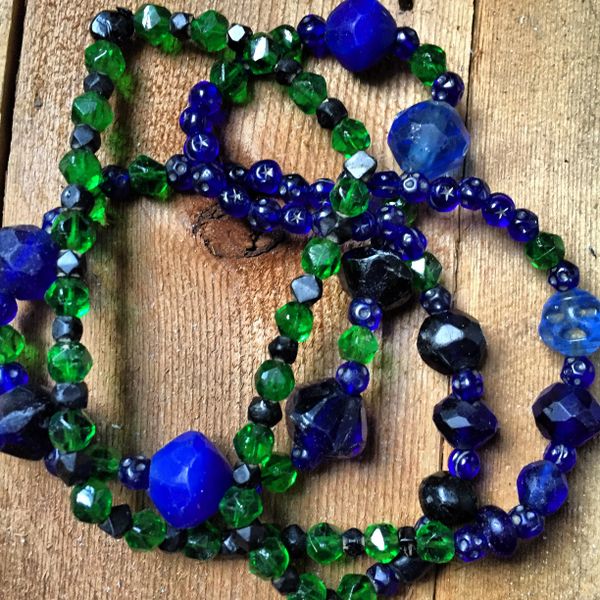 SOLD FACETED BRITISH 1880s EMERALD GREEN GLASS, BOHEMIA MADE EARLY FACETED COBALT VASELINE TRADE BEADS, STARS & MOONS STAMPED MOORISH COBALT TRADE BEADS