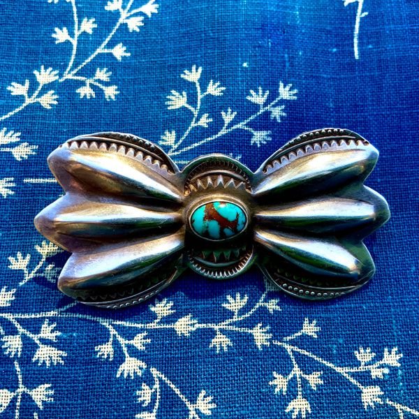 1920s REPOUSSE' SILVER & BLUE PERSIAN TURQUOISE BUTTERFLY CONCHO PIN BROOCH