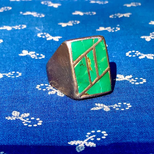 SOLD 1940s EARLY ZUNI INLAY GREEN TURQUOISE WELL WORN HEAVY MENS RING