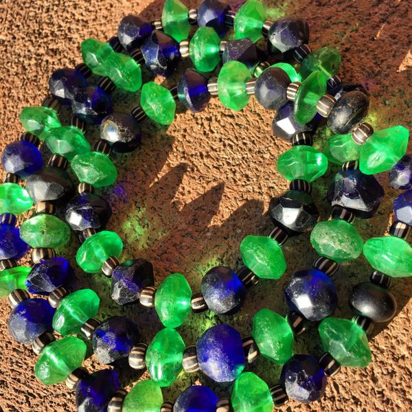 SOLD 1840s - 1880s GREEN AMERICAN VASELINE GLASS TRADE BEADS MIXED WITH BOHEMIAN MADE AFRICAN TRADED COBALT VASELINE GLASS TRADE BEADS with BLACK GOOSEBERRY BEADS