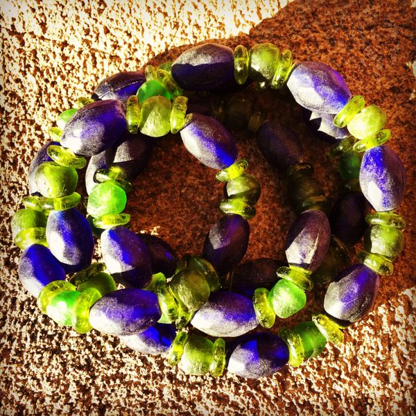 ASIAN COBALT FACETED INDIGO TRADE ROUTE BEADS with GHANA RECYCLED GLASS BEADS & GREEN DOGON BEADS