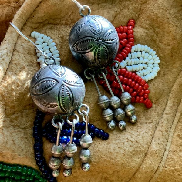 1920s DANGLE EARRINGS WITH UPGRADED UPDATED BENCH BEAD ACCENTS STAMPED DOUBLE SIDED CONCHOS
