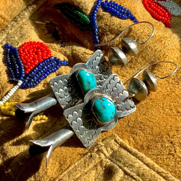 SOLD 1950s SQUASH BLOSSOM & BENCH BEAD SILVER & BLUE TURQUOISE NUGGET EARRINGS