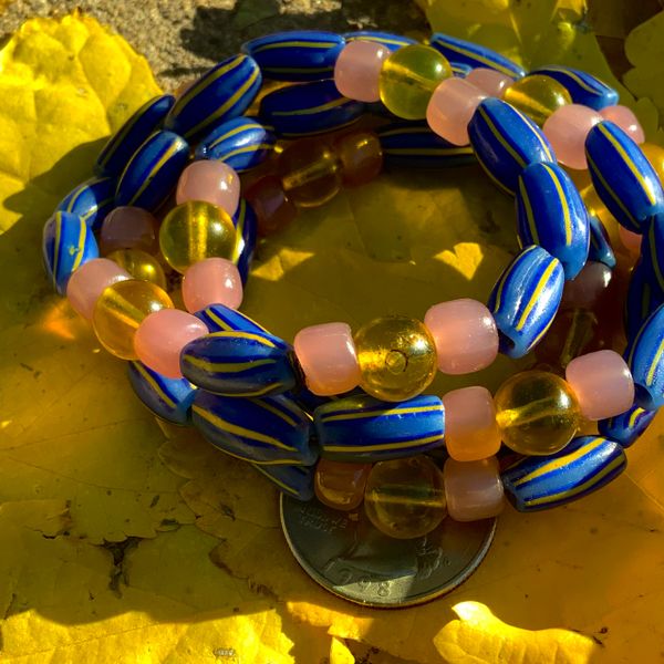 1700s COBALT BLUE HAND-PAINTED YELLOW STRIPED VENETIAN GLASS TRADE BEADS AFRICA TRADE BEADS MELON , YELLOW PEKING BEADS FROM THE EARLY 1900s & GREASY PINK PADRE BEADS FROM EARLY 1900s 26" LONG