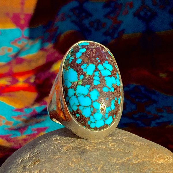 SOLD 1950s HUMONGOUS, NATIVE AMERICAN TALL DOMED OVAL BLUE PERSIAN SPIDERWEB TURQUOISE HEAVY MENS CAST SILVER RING