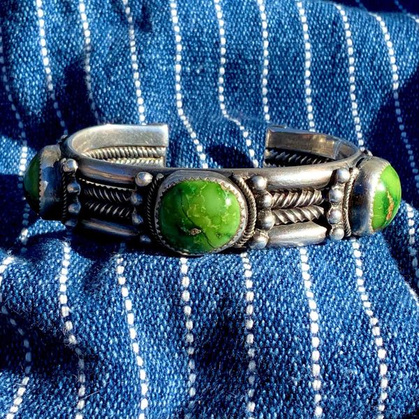 SOLD 1920s VERY HEAVY TWISTED HAND DRAWN INGOT WIRE AND SWEDGED INGOT SILVER & CERILLOS TURQUOISE CUFF BRACELET