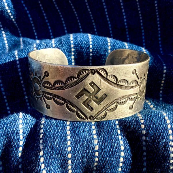 SOLD 1920s WHIRLING LOG WIDE INGOR SILVER NAVAJO OR HOPI STAMPED CUFF BRACELET