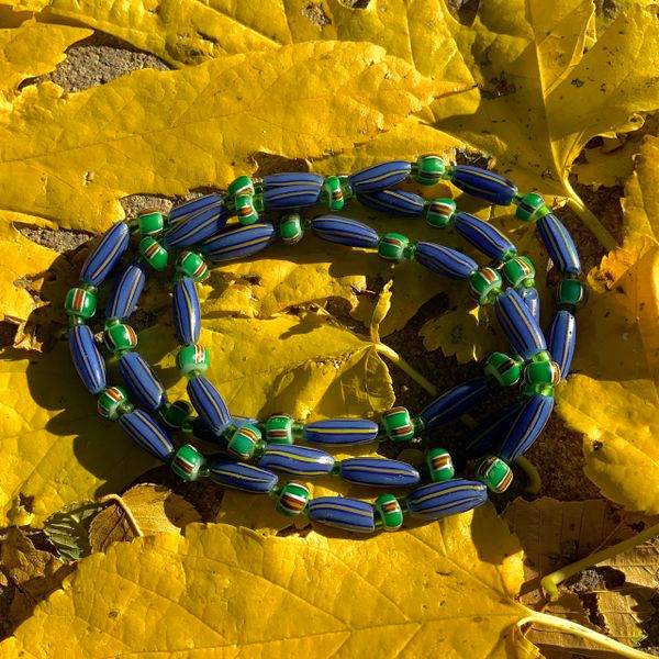 1700s VENETIAN GLASS COBALT BLUE HAND-PAINTED YELLOW STRIPED TRADE BEADS AFRICA TRADE BEADS MELON STRIPED BEADS & WATERMELON GOOSEBERRY WHITE HEART BEADS FROM LATE 1700s 27" LONG