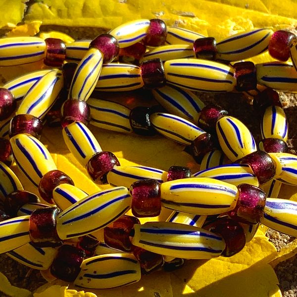 1700s VENETIAN GLASS YELLOW & COBALT BLUE HAND-PAINTED STRIPED TRADE BEADS AFRICA TRADE BEADS MELON STRIPED BEADS & PURPLE PADRE BEADS FROM EARLY 1900s 34" LONG