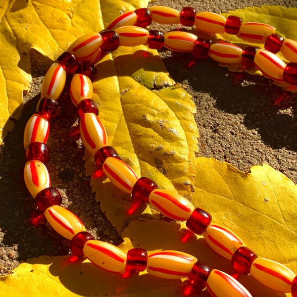 1700s YELLOW & ORANGE HAND-PAINTED STRIPED VENETIAN GLASS TRADE BEADS AFRICA TRADE BEADS MELON STRIPED BEADS & RED PADRE BEADS FROM EARLY 1900s 25" LONG