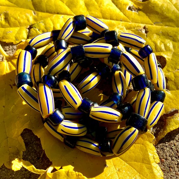 1700s YELLOW & COBALT BLUE HAND-PAINTED STRIPED VENETIAN GLASS TRADE BEADS  AFRICA TRADE BEADS MELON STRIPED BEADS & COBALT BLUE PADRE BEADS FROM EARLY