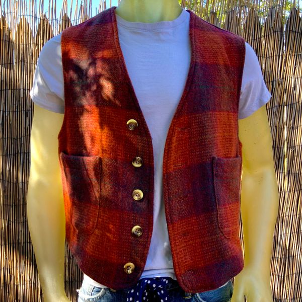 VINTAGE WOOL BLEND ORANGEY RED BUFFALO CHECK PLAID VEST