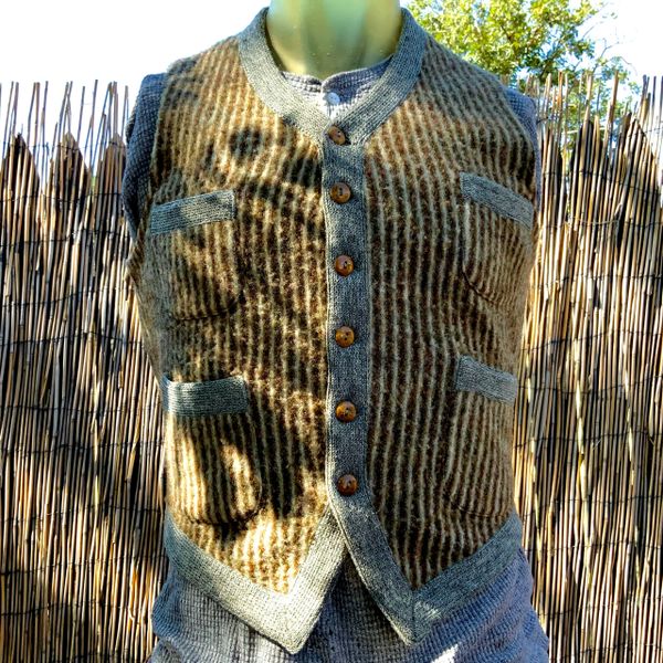 1930s MERINO WOOL & MOHAIR MENS KNIT SWEATER HUNTING VEST TWO TONE GREY & TAN
