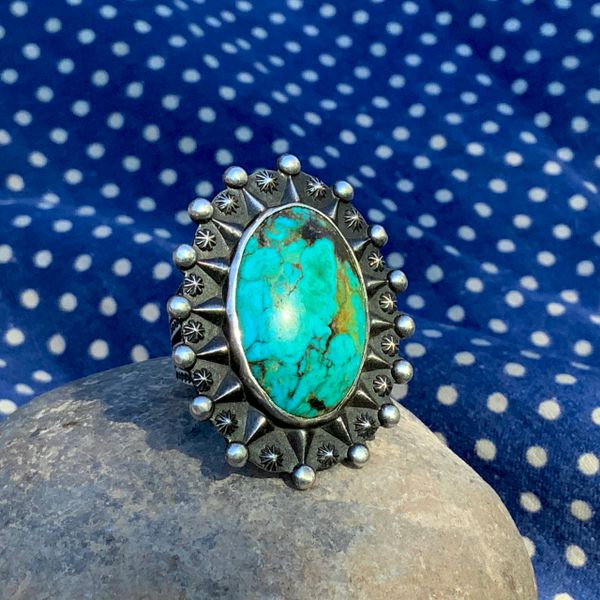 SOLD 1930s OVAL GREEN SUN THEMED FRED HARVEY ERA SILVER STAMPED RING