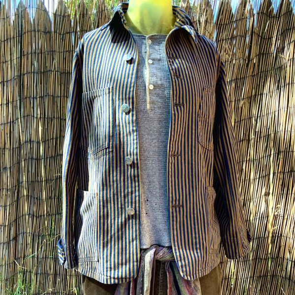 SOLD JAPANESE DENIM RAILROAD RAILMAN STRIPED REPRODUCTION IRONALLS CHORE COAT DENIM JACKET CONDUCTOR RAILROAD XSMALL