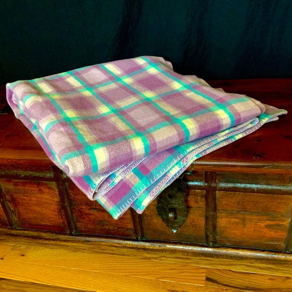 SOLD 1980s MERINO WOOL LAVENDER PURPLE & TURQUOISE PLAID BLANKET