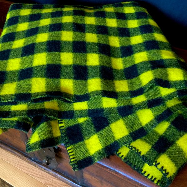 SOLD 1970s YELLOW & BLACK BUFFALO CHECK PLAID MERINO WOOL BLANKET