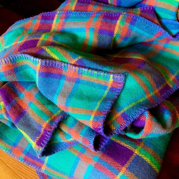 SOLD 1980s FRUITY VIVID COLORFUL PLAID MERINO WOOL BLANKET