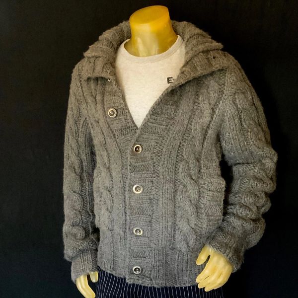 SOLD 2000s EZRA FITCH CASHMERE GRADE THICK GREY CABLE KNIT MENS CARDIGAN SWEATER FROM ABERCROMBIE & FITCH EXTINCT LUXURY SUB-BRAND