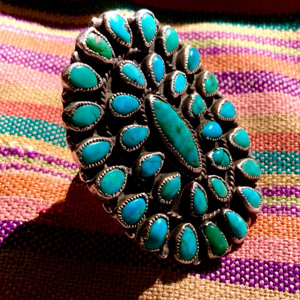 SOLD 1940s ZUNI PETIT POINT SILVER AND LIGHT BRIGHT BLUE TURQUOISE HUMONGOUS RING