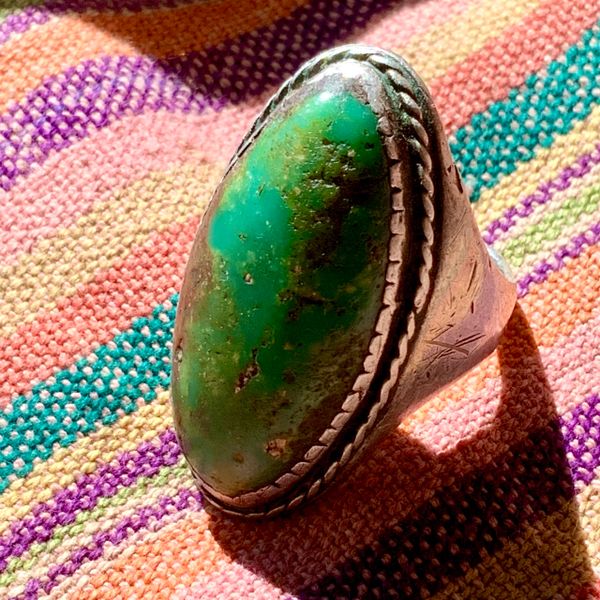 SOLD 1960s FINGER LONG GREASY GREEN HEAVY HUGE OVAL DOMED TURQUOISE SILVER RING